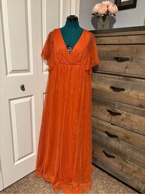 Ever Pretty Orange V-Neck Tulle Maxi Dress